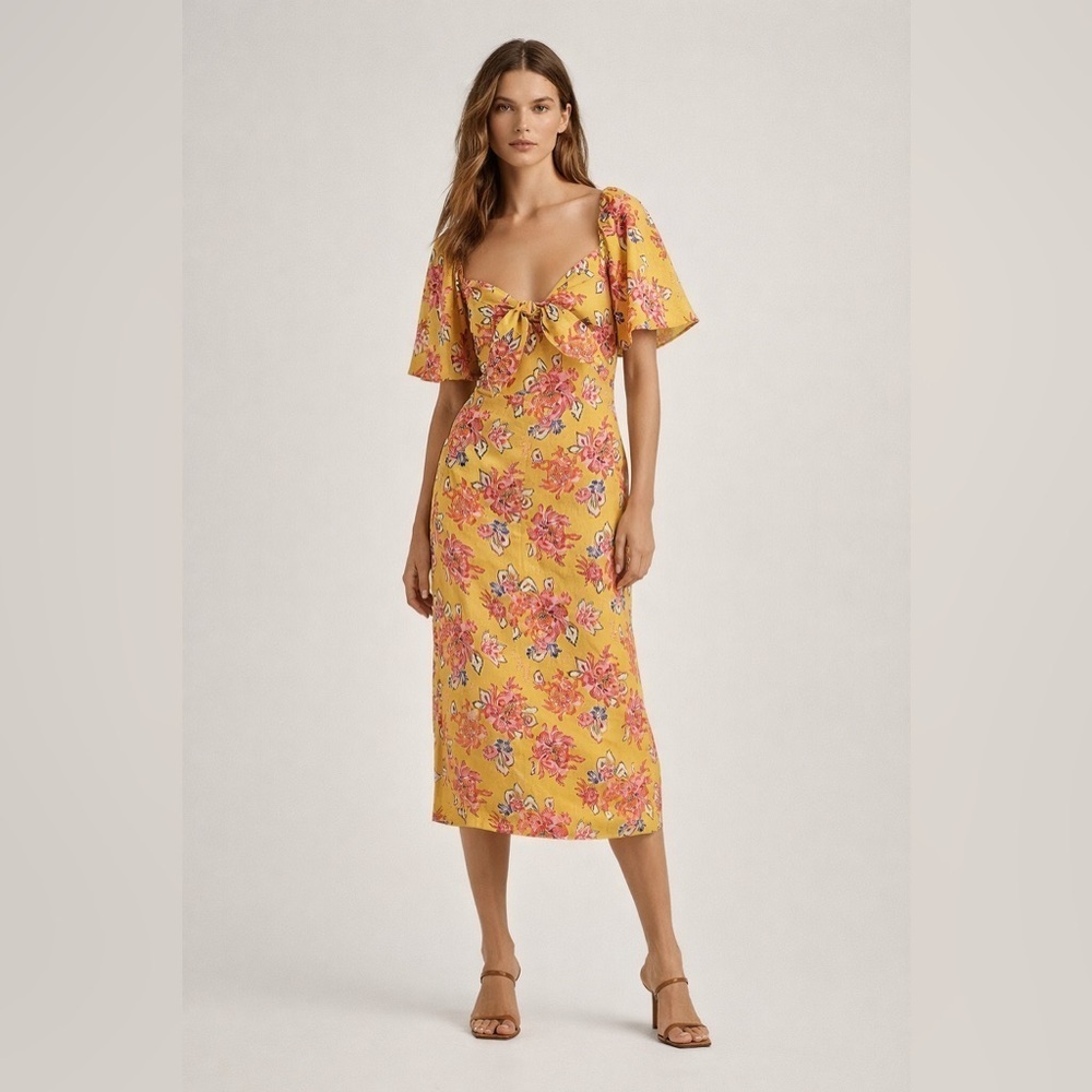 Rhode yellow and orange floral “Pablo” midi dress with puff flutter sleeves. 4